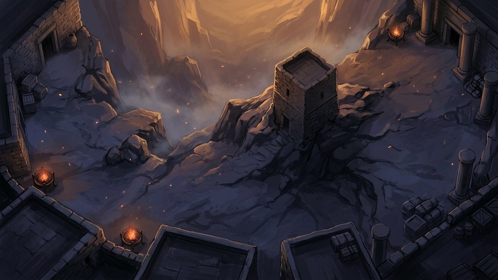 A mountain pass at dusk — where Kawa's uprising takes root.